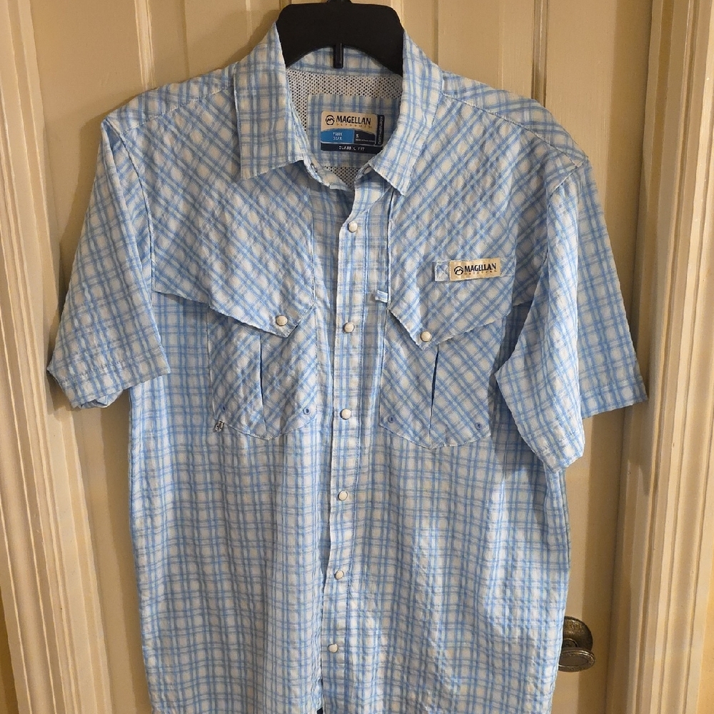 Magellan Outdoors Light Blue Checkered Shirt